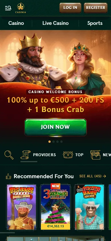 Casinia Casino mobile browser home interface with access to casino, sportsbook and promotions