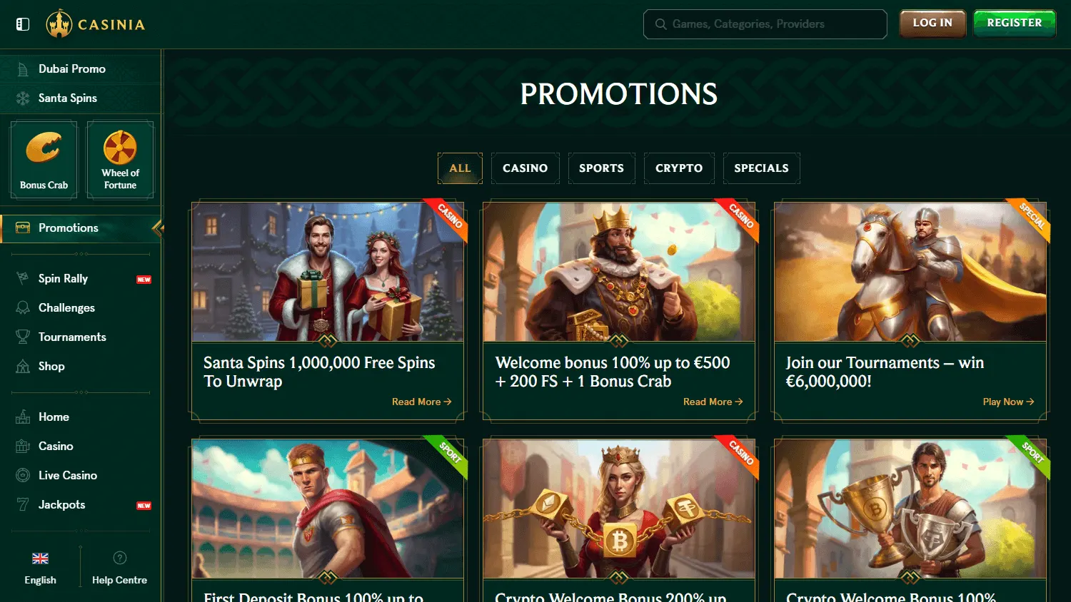 Casinia Casino desktop promotions area with welcome, reload, cashback and tournament offers