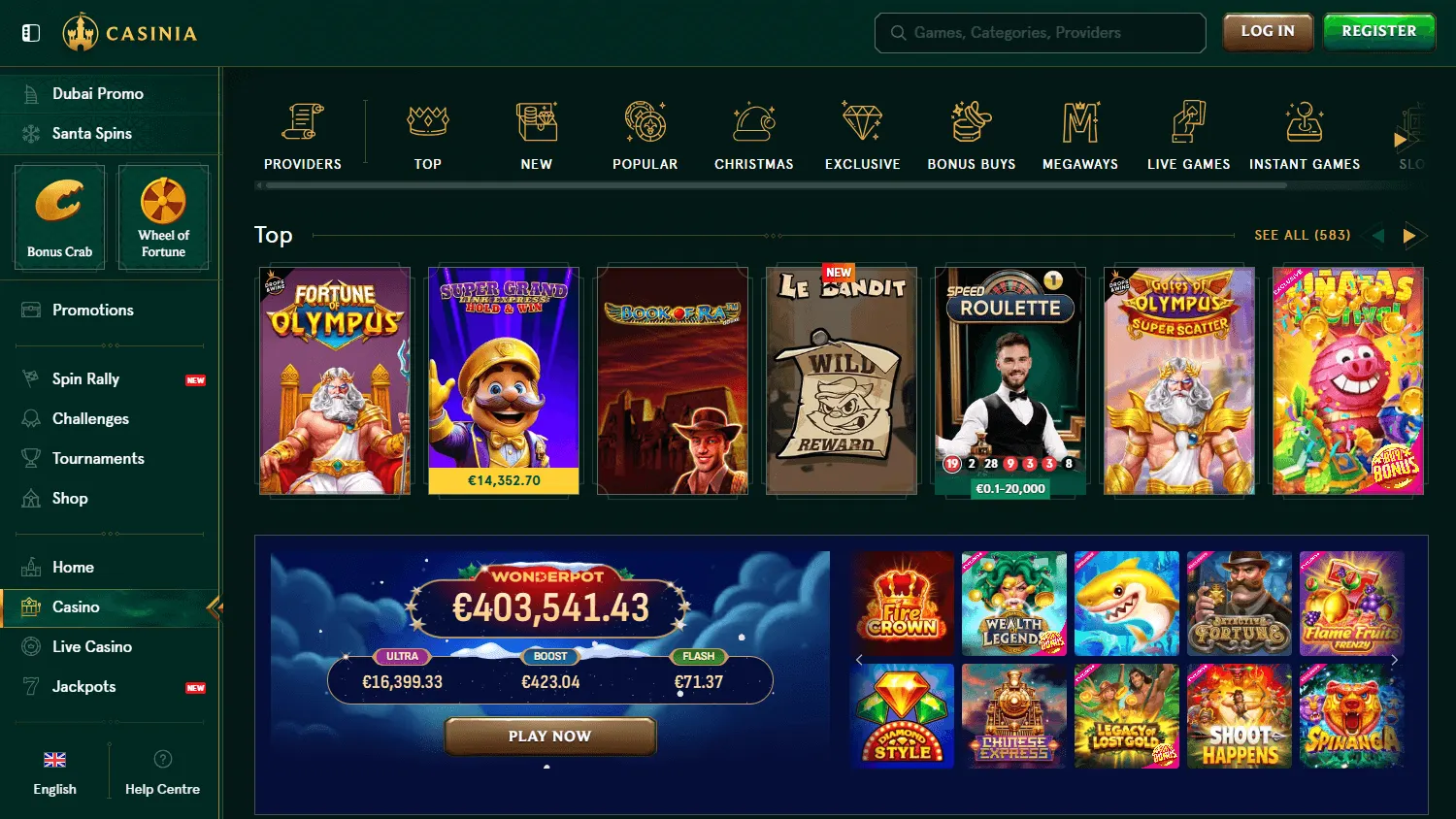 Casinia Casino desktop game selection with casino and live game categories