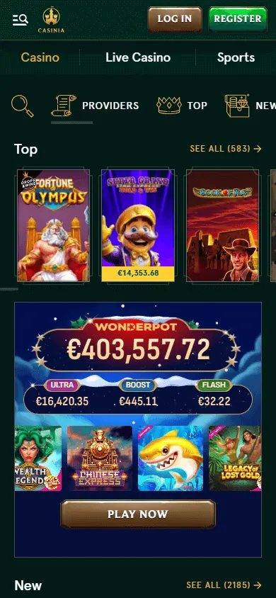 Casinia Casino mobile game area with pokies, live casino and game browsing options