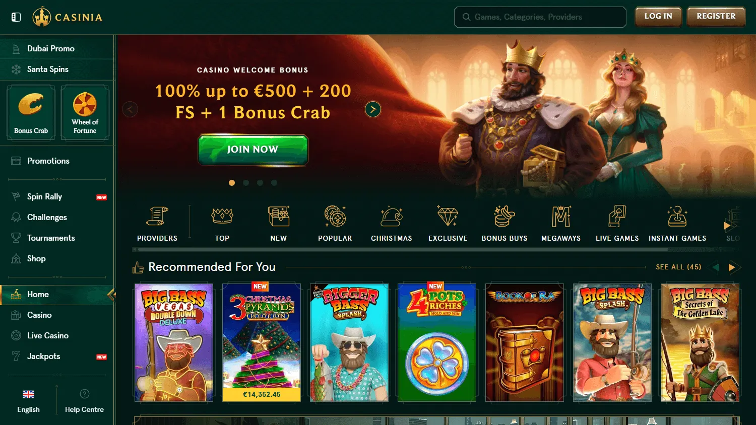 Casinia Casino desktop home interface with casino, live casino, sportsbook and promotion areas