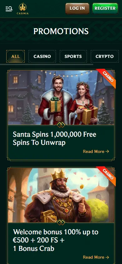 Casinia Casino mobile promotions area with welcome bonus, free spins and cashback offers